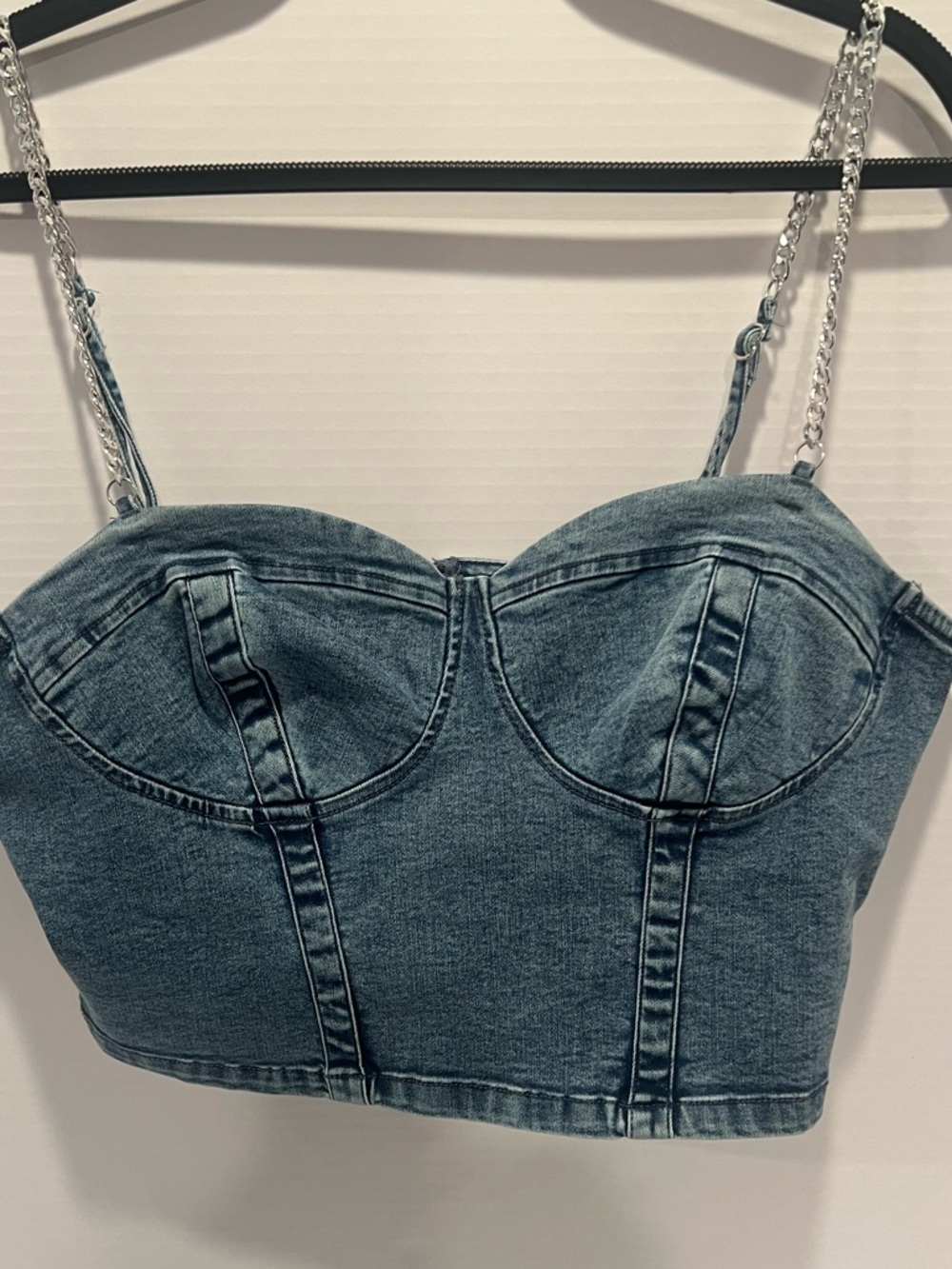 GUESS Denim Corset Bustier Crop Top Silver Chain Straps XL